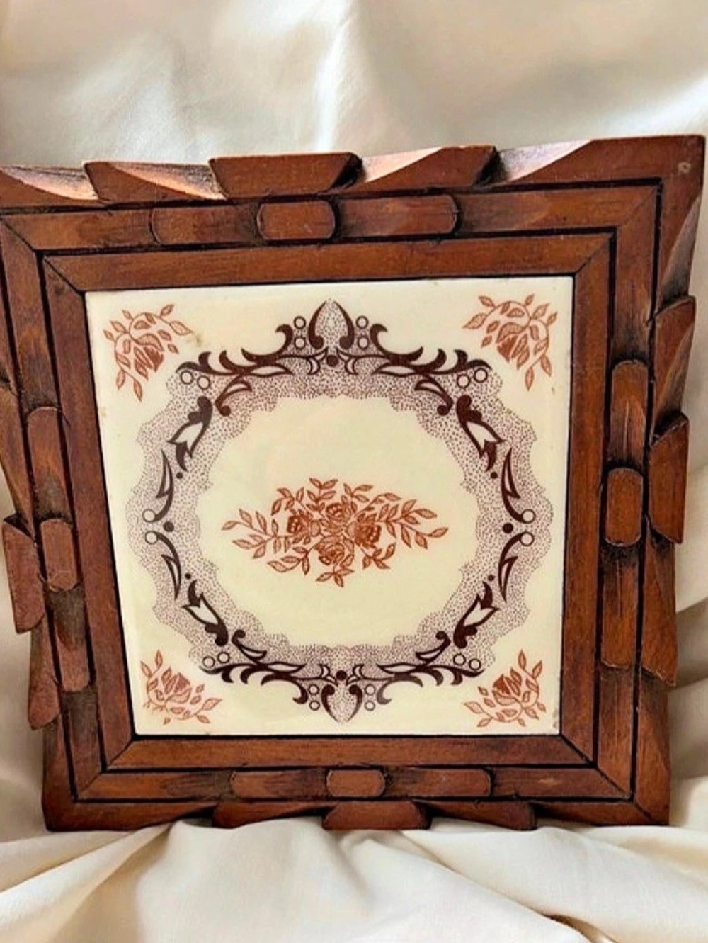 Vintage Black Carved Wood Floral trivet